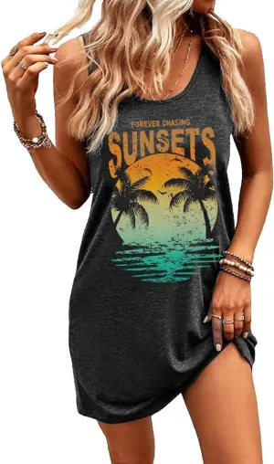 Summer Tank Dress for Women Casual Vacation Sundress Coconut Tree Graphic Beach Cover Up
