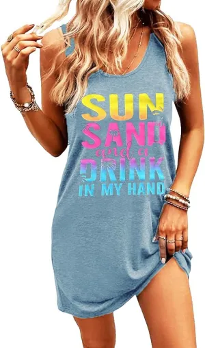 Summer Tank Dress for Women Casual Vacation Sundress Coconut Tree Graphic Beach Cover Up