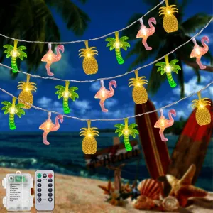 Summer Tropical Beach String Lights Battery Operated 15.3Ft 30 LED Flamingo Pineapple Palm Tree Fairy Lights with Timer, Outdoor Tropical Hawaiian Light for Beach Wedding Pool Garden Party Decor