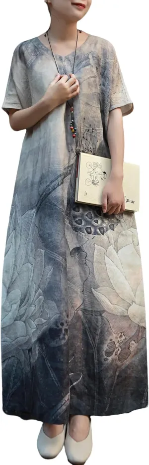 Summer Women's V-Neck Short Sleeved 3D Printed Dress Boho Casual Beach Vacation Mid Length Skirt with Lightweight Perspective Design