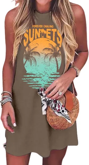 Sun Salt Sand Coconut Tree Sleeveless Mini Dress Women Casual Summer Beach Vacation Dress Workout Tank Dress