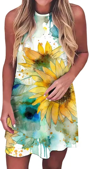 Sun Salt Sand Coconut Tree Sleeveless Mini Dress Women Casual Summer Beach Vacation Dress Workout Tank Dress
