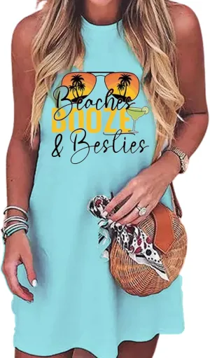 Sun Salt Sand Coconut Tree Sleeveless Mini Dress Women Casual Summer Beach Vacation Dress Workout Tank Dress