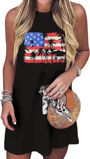 Sun Salt Sand Coconut Tree Tank Mini Dress for Women Sleeveless Beach Praty Shirts Summer Vacation Short Mini Dresses