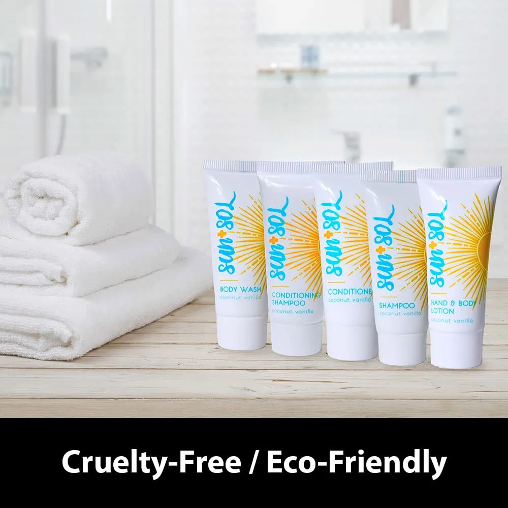Sun   Sol Bulk Refreshing Body Wash With Warm Coconut & Vanilla Fragrances, Travel Size Toiletries, Mini Hotel Amenities, 0.7 oz, 50 Count