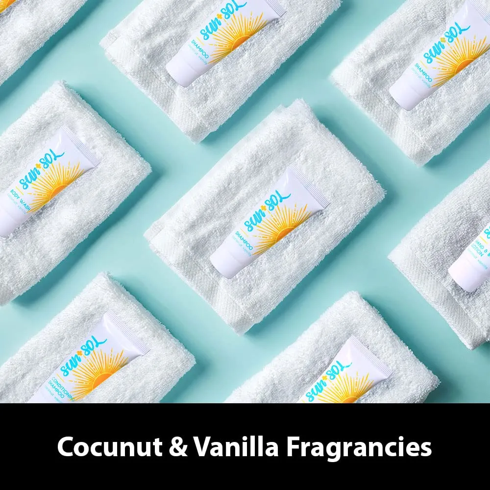 Sun   Sol Bulk Refreshing Body Wash With Warm Coconut & Vanilla Fragrances, Travel Size Toiletries, Mini Hotel Amenities, 0.7 oz, 50 Count