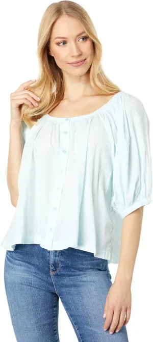 SUNDRY Puff Sleeve Woven Button Front Blouse