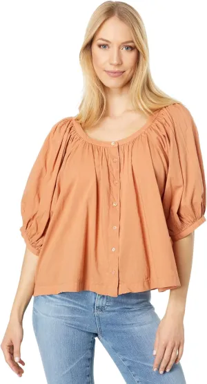 SUNDRY Puff Sleeve Woven Button Front Blouse