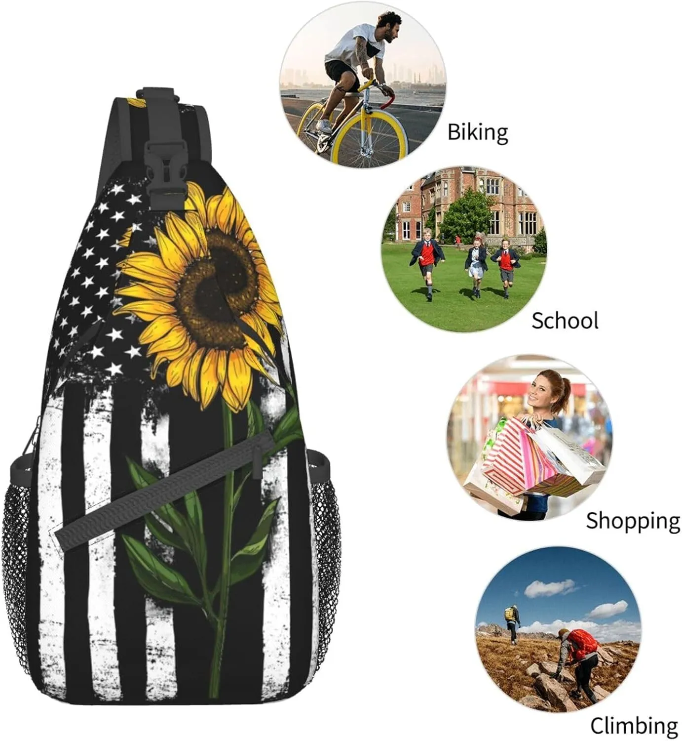 Sunflower & American Flag Sling Bag - Crossbody, Backpack, Travel & Hiking Shoulder Bag - Daypack, Unisex