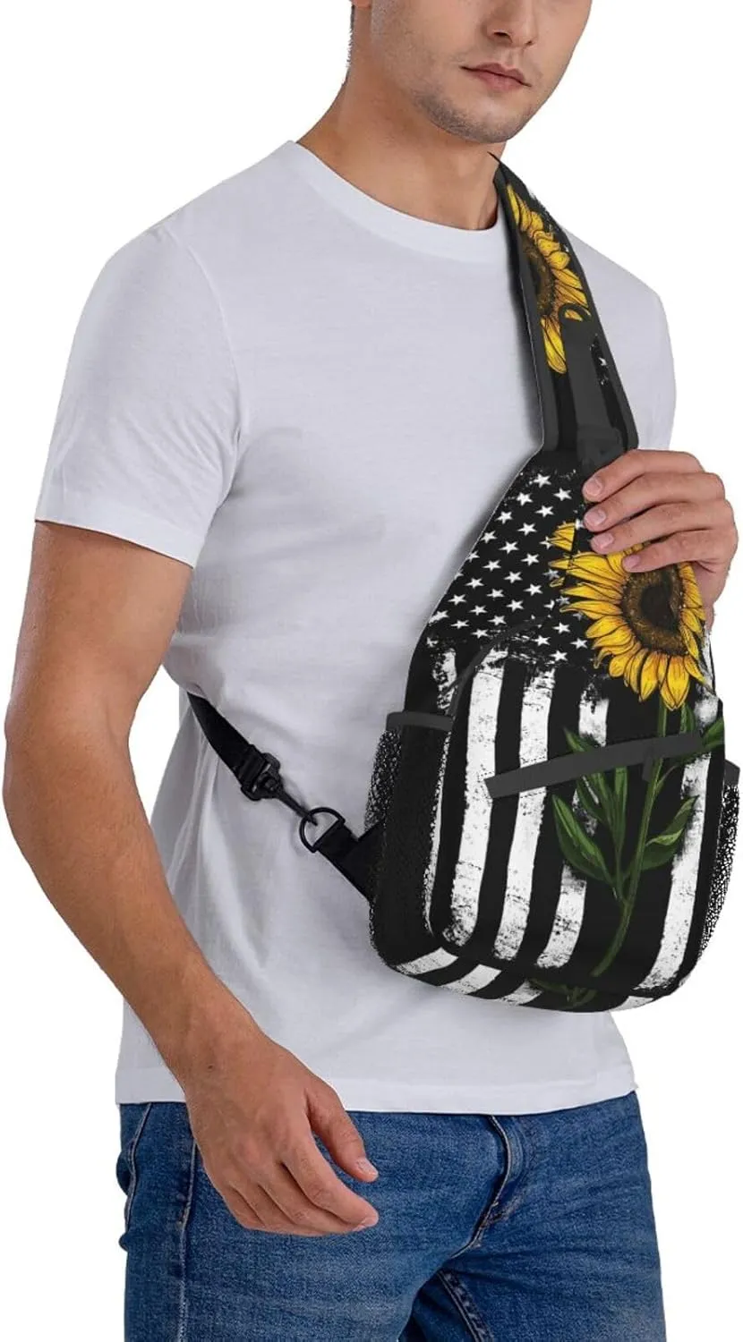 Sunflower & American Flag Sling Bag - Crossbody, Backpack, Travel & Hiking Shoulder Bag - Daypack, Unisex