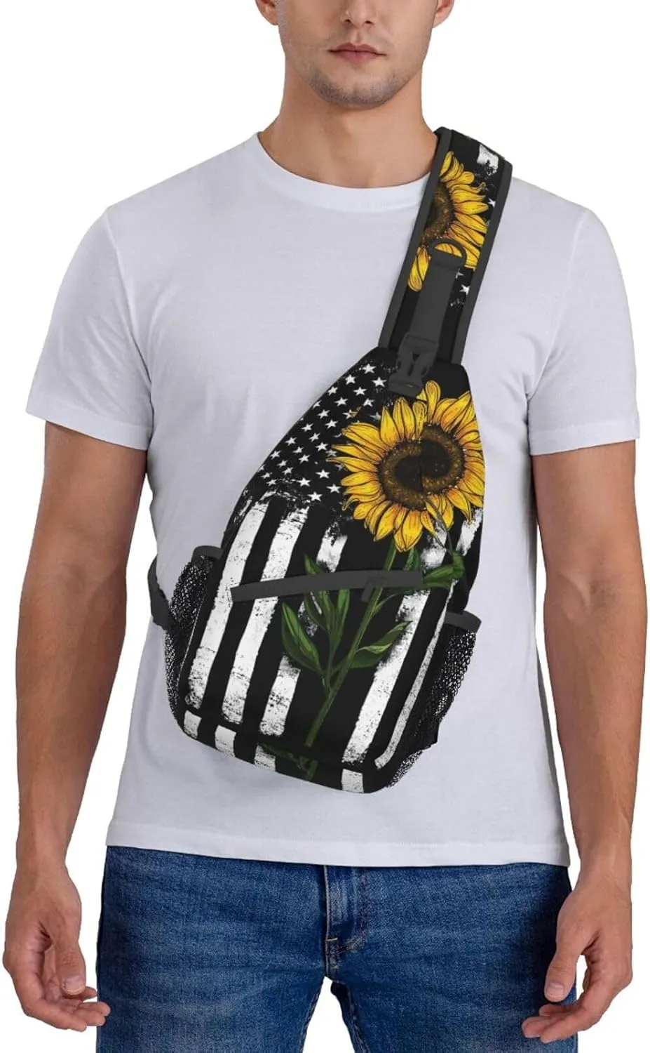 Sunflower & American Flag Sling Bag - Crossbody, Backpack, Travel & Hiking Shoulder Bag - Daypack, Unisex