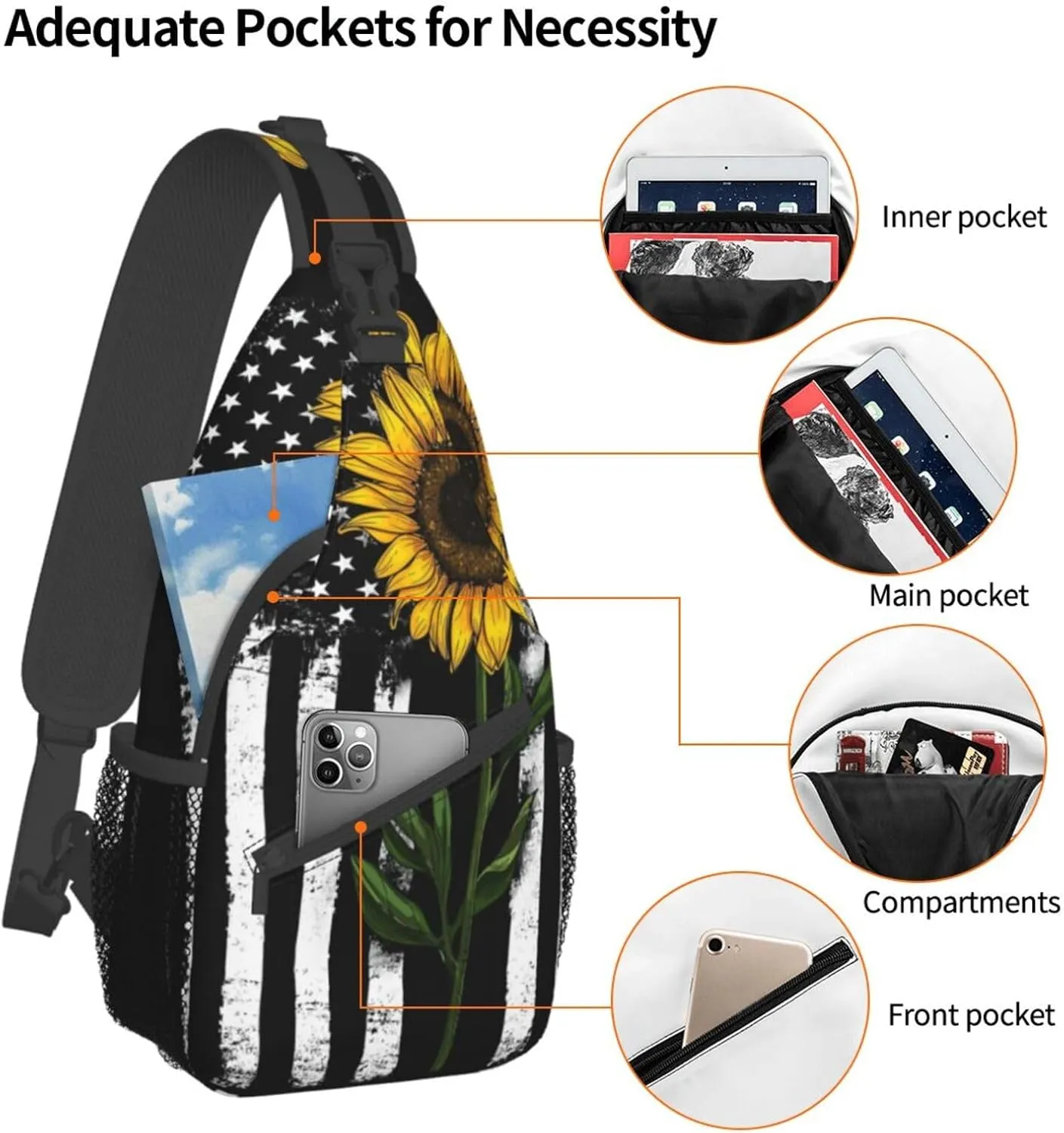 Sunflower & American Flag Sling Bag - Crossbody, Backpack, Travel & Hiking Shoulder Bag - Daypack, Unisex