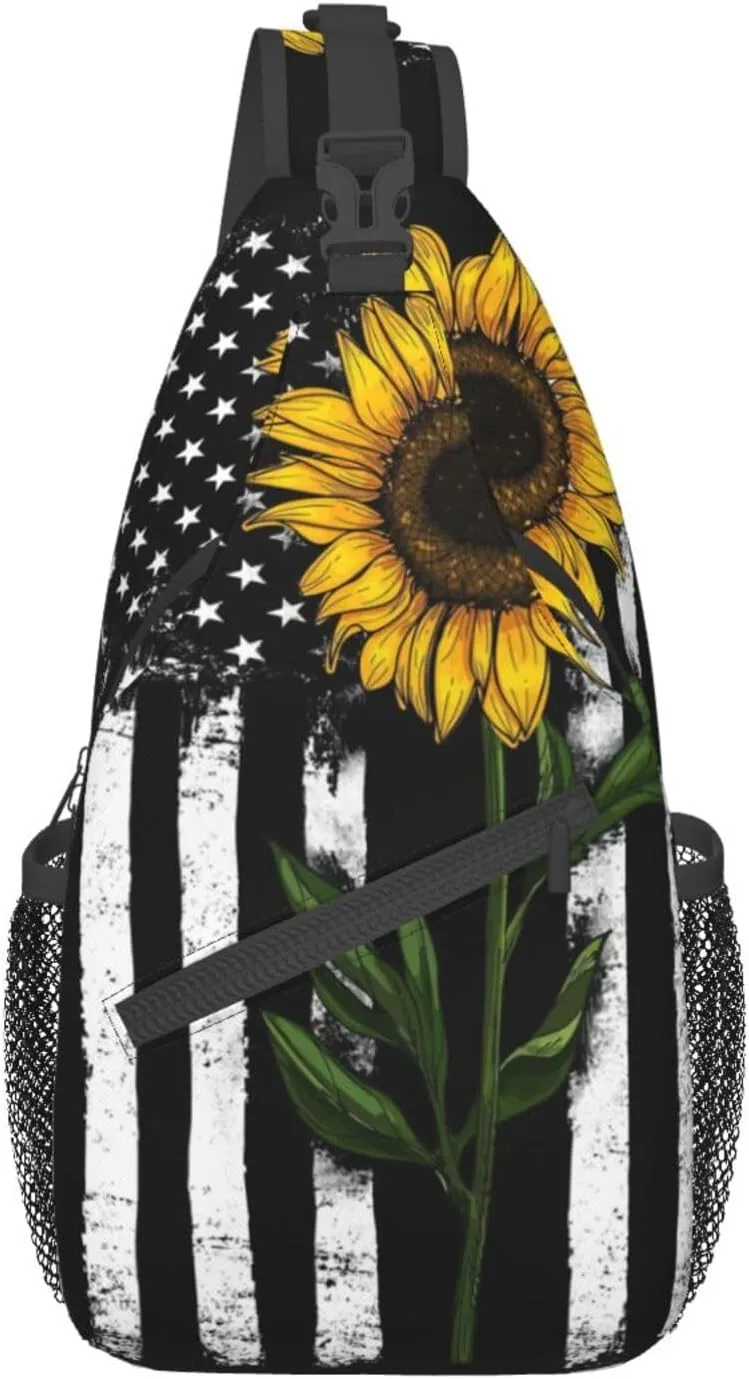Sunflower & American Flag Sling Bag - Crossbody, Backpack, Travel & Hiking Shoulder Bag - Daypack, Unisex