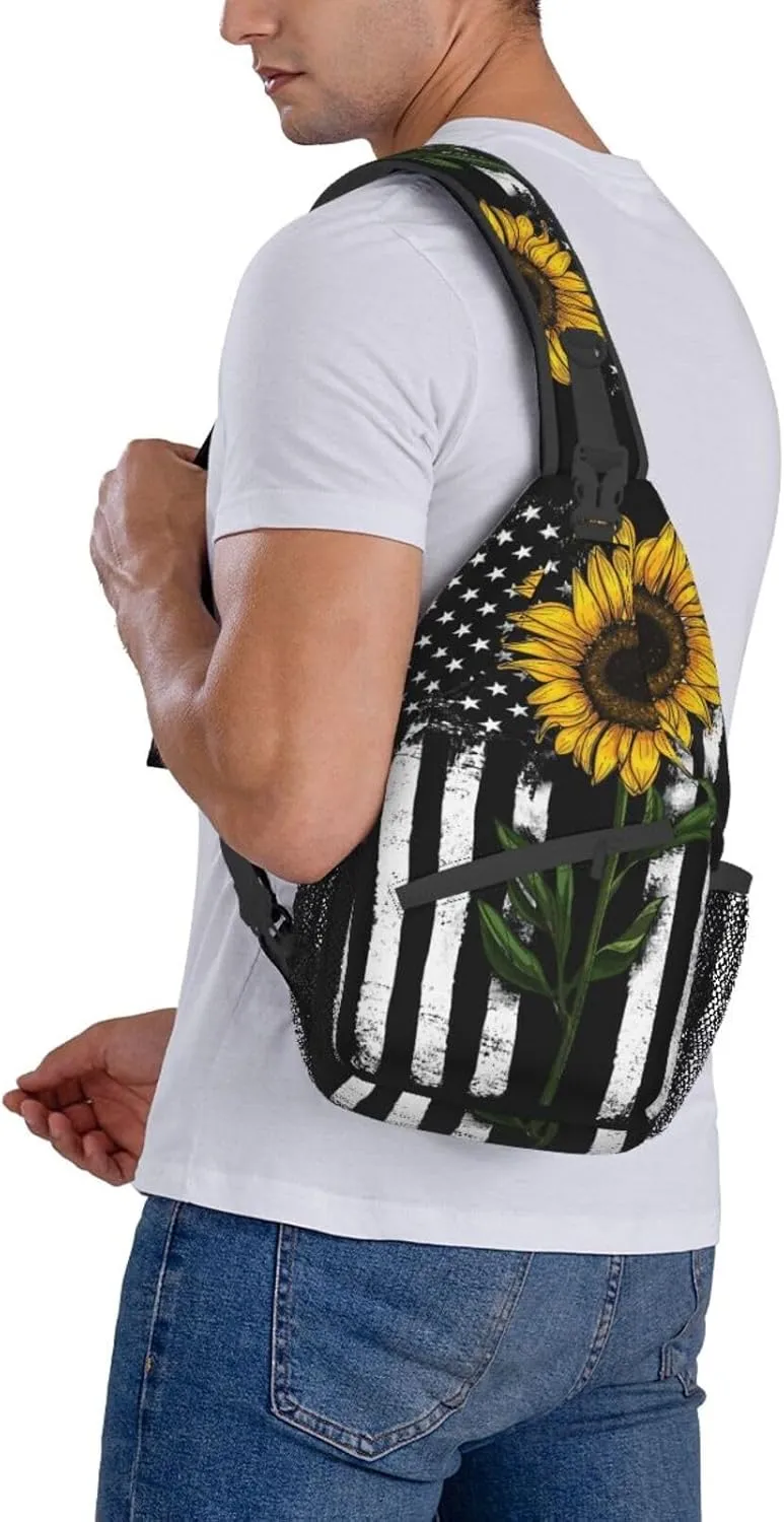 Sunflower & American Flag Sling Bag - Crossbody, Backpack, Travel & Hiking Shoulder Bag - Daypack, Unisex