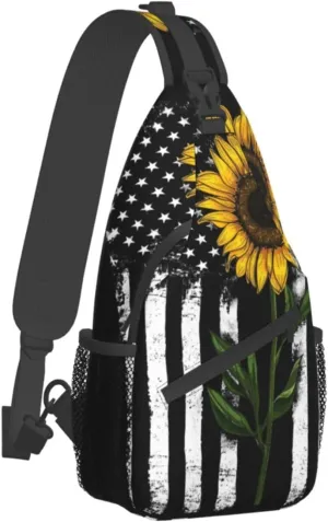 Sunflower & American Flag Sling Bag - Crossbody, Backpack, Travel & Hiking Shoulder Bag - Daypack, Unisex