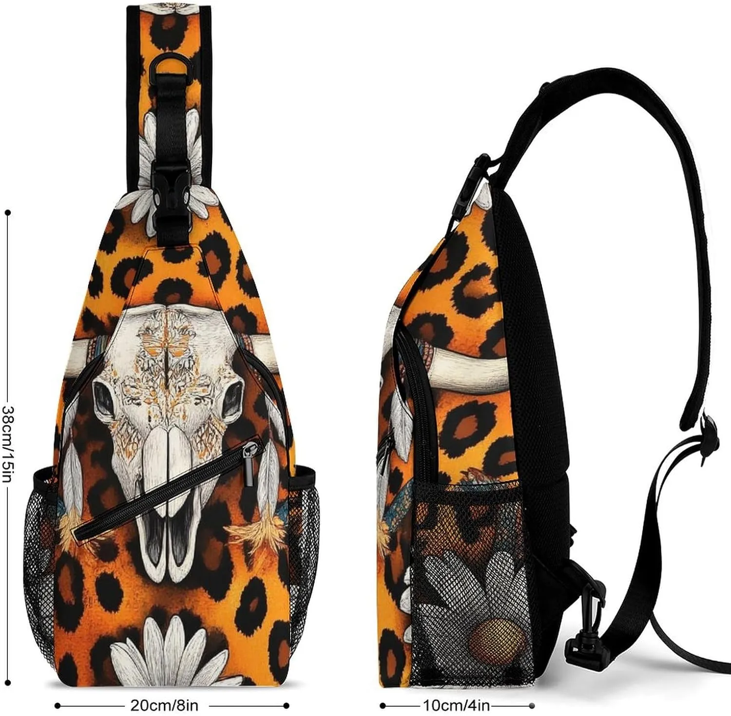 Supdreamc Ultra Lightweight Sling Bag Backpack Single Shoulder Messenger Bag Anti-Theft Multipurpose Bag for Outdoor Camping Hiking Cycling, Cow Skull Leopard Print Daisy Western Floral Tote Bags