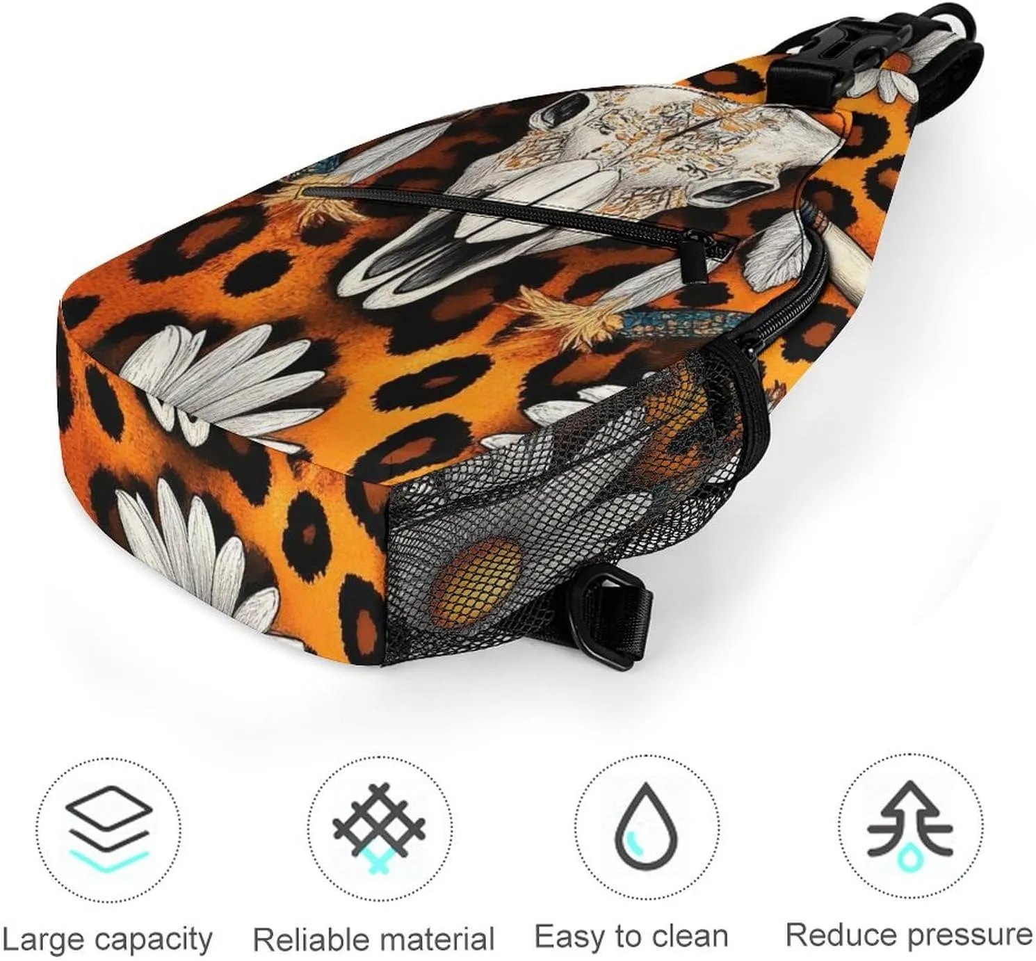 Supdreamc Ultra Lightweight Sling Bag Backpack Single Shoulder Messenger Bag Anti-Theft Multipurpose Bag for Outdoor Camping Hiking Cycling, Cow Skull Leopard Print Daisy Western Floral Tote Bags
