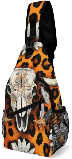 Supdreamc Ultra Lightweight Sling Bag Backpack Single Shoulder Messenger Bag Anti-Theft Multipurpose Bag for Outdoor Camping Hiking Cycling, Cow Skull Leopard Print Daisy Western Floral Tote Bags