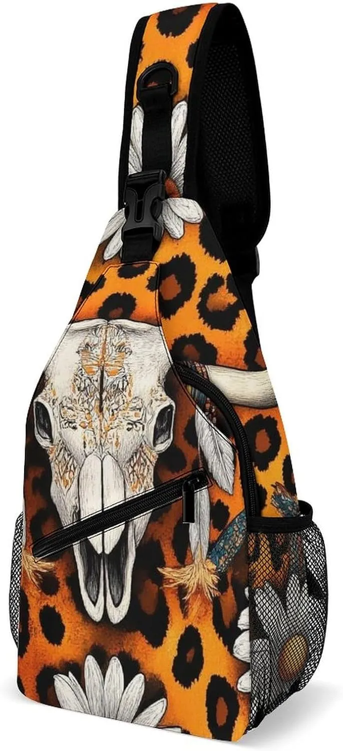 Supdreamc Ultra Lightweight Sling Bag Backpack Single Shoulder Messenger Bag Anti-Theft Multipurpose Bag for Outdoor Camping Hiking Cycling, Cow Skull Leopard Print Daisy Western Floral Tote Bags
