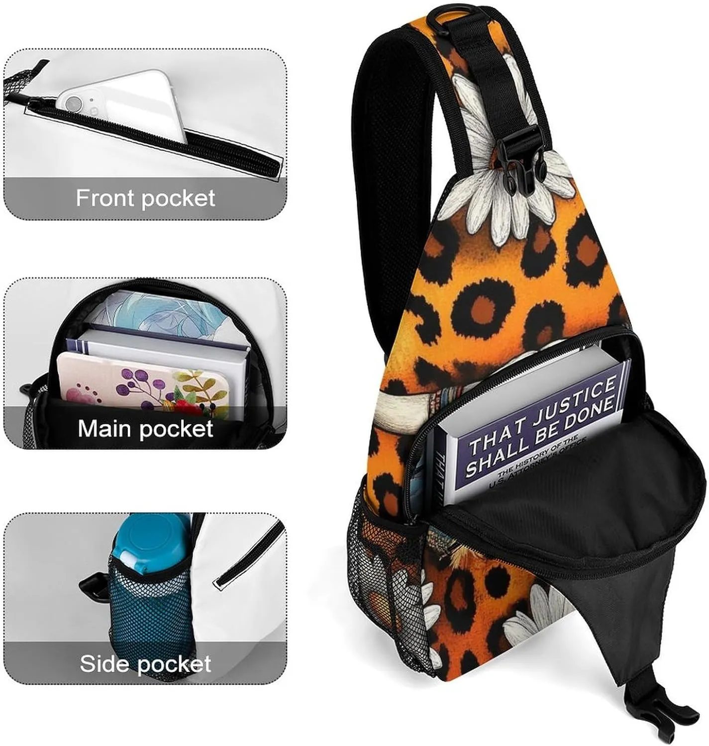 Supdreamc Ultra Lightweight Sling Bag Backpack Single Shoulder Messenger Bag Anti-Theft Multipurpose Bag for Outdoor Camping Hiking Cycling, Cow Skull Leopard Print Daisy Western Floral Tote Bags
