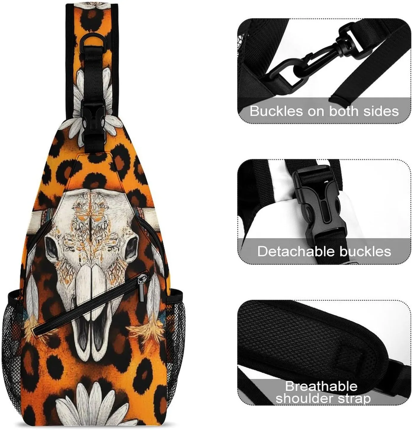Supdreamc Ultra Lightweight Sling Bag Backpack Single Shoulder Messenger Bag Anti-Theft Multipurpose Bag for Outdoor Camping Hiking Cycling, Cow Skull Leopard Print Daisy Western Floral Tote Bags