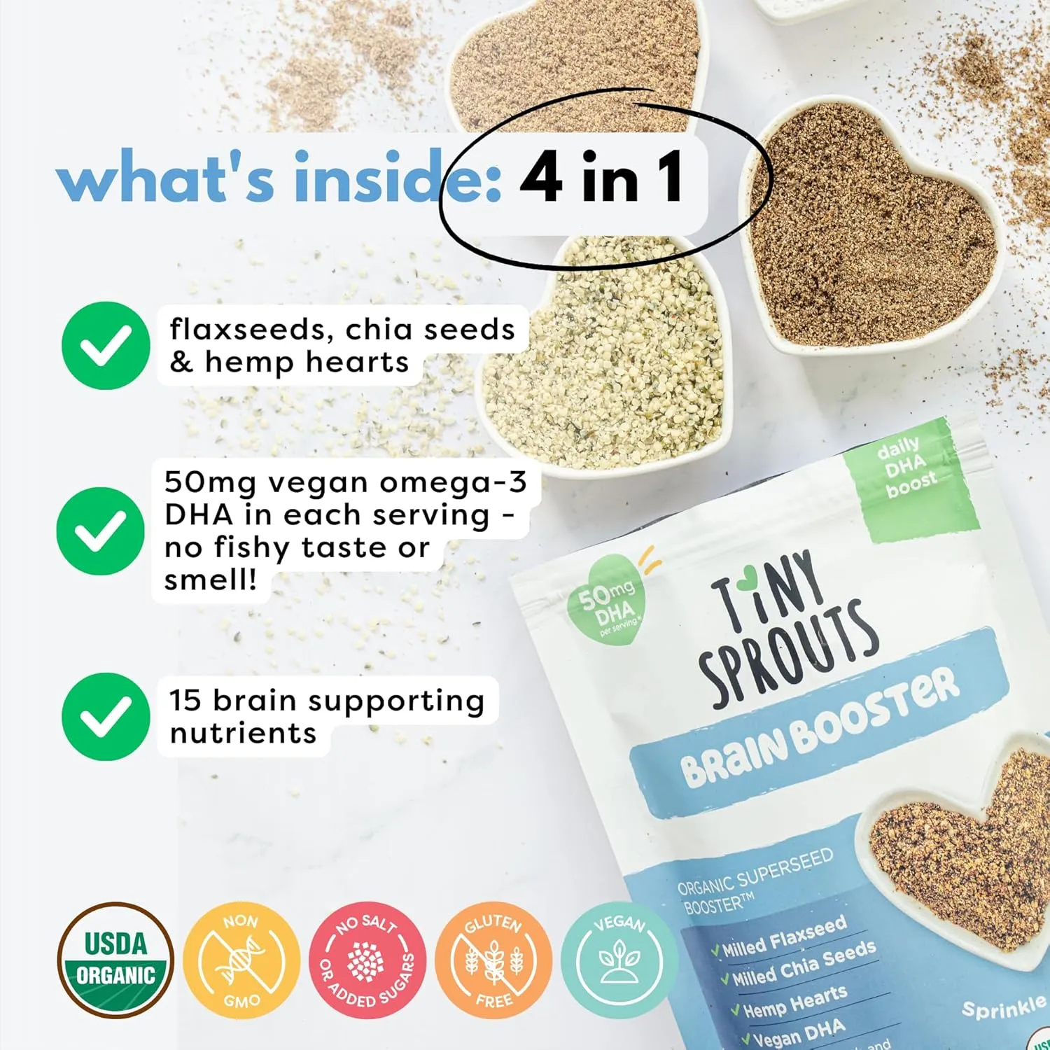 Superseed Organic Milled Chia, Flaxseed and Hemp Heart Brain Booster with Vegan Omega-3 DHA S Prebiotic Fiber Protein Gluten Free Seeds for 6M  Babies Toddlers & Kids (7oz x 1 Pack)