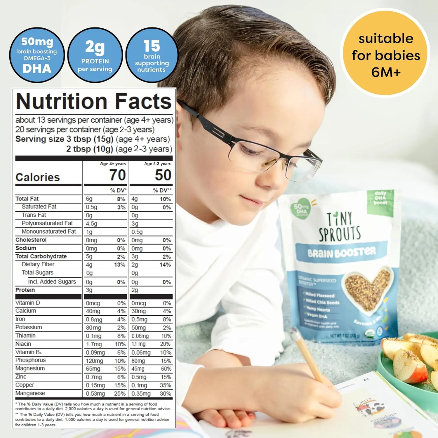 Superseed Organic Milled Chia, Flaxseed and Hemp Heart Brain Booster with Vegan Omega-3 DHA S Prebiotic Fiber Protein Gluten Free Seeds for 6M  Babies Toddlers & Kids (7oz x 1 Pack)