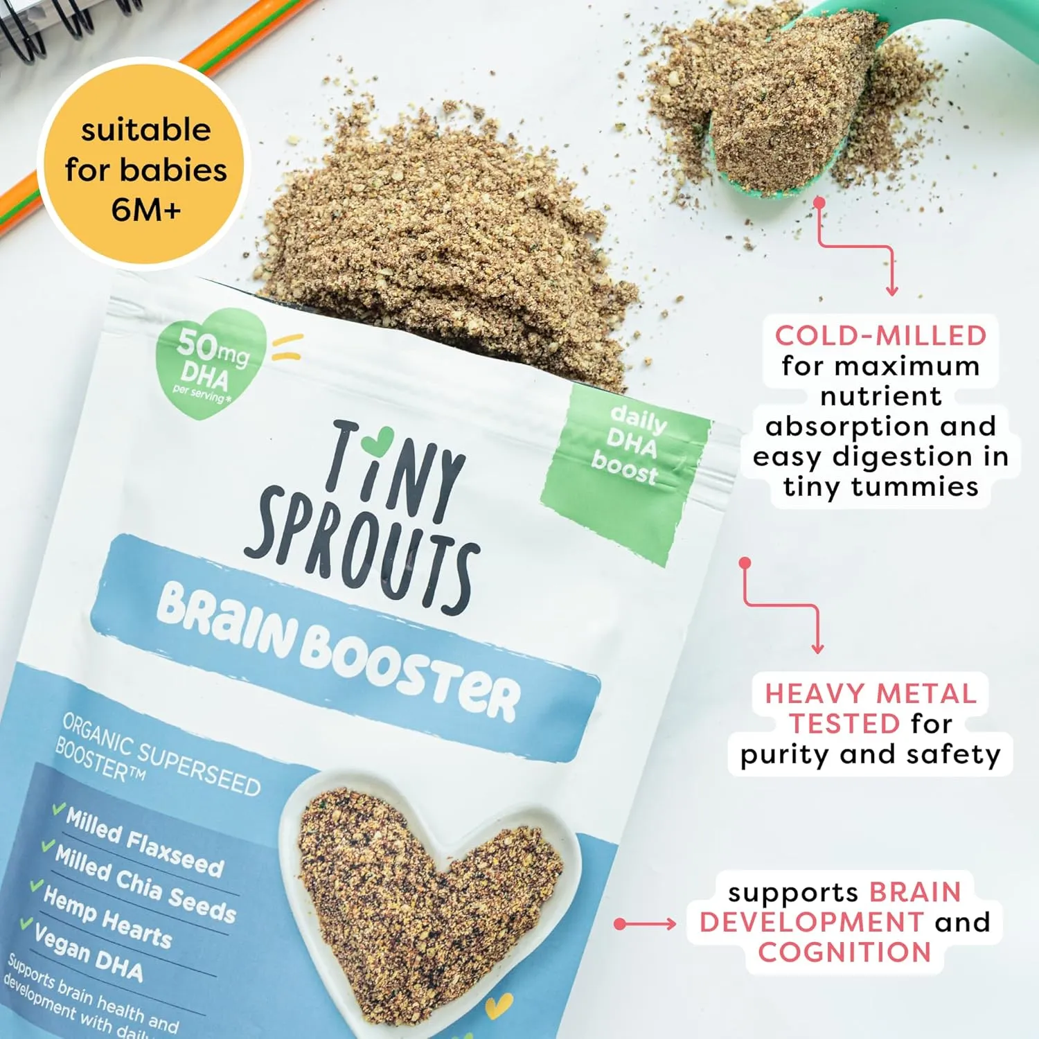 Superseed Organic Milled Chia, Flaxseed and Hemp Heart Brain Booster with Vegan Omega-3 DHA S Prebiotic Fiber Protein Gluten Free Seeds for 6M  Babies Toddlers & Kids (7oz x 1 Pack)