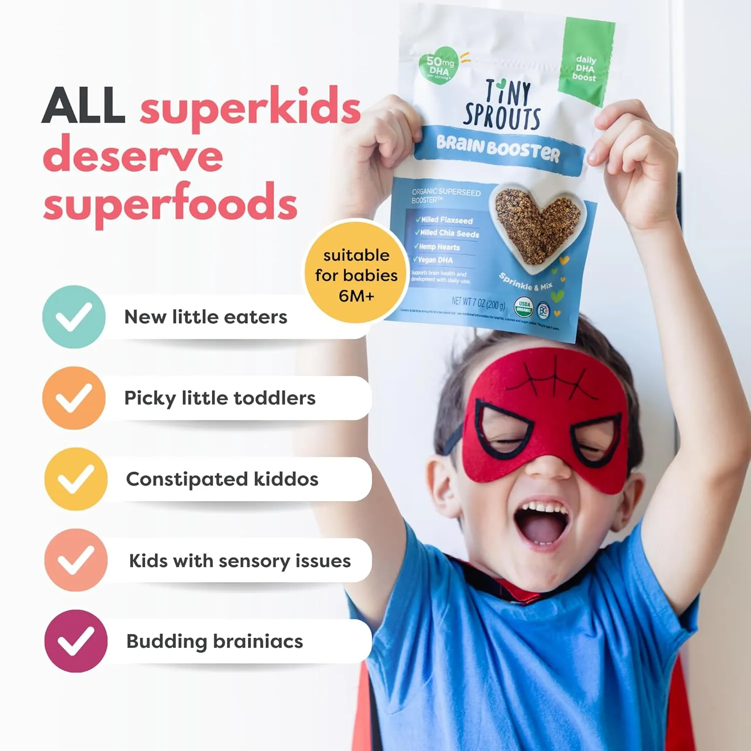 Superseed Organic Milled Chia, Flaxseed and Hemp Heart Brain Booster with Vegan Omega-3 DHA S Prebiotic Fiber Protein Gluten Free Seeds for 6M  Babies Toddlers & Kids (7oz x 1 Pack)