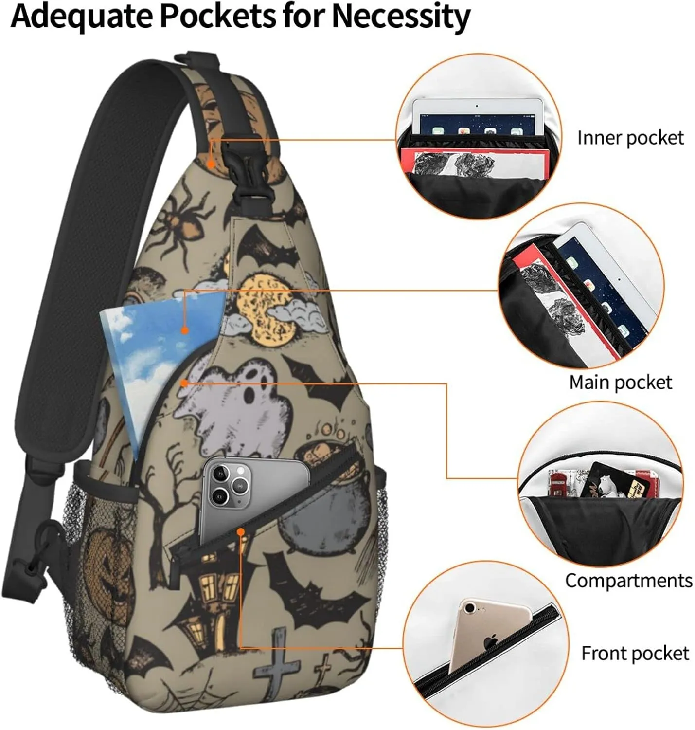 SWEET TANG Men and Women Sling Bag Chest Daypack Happy Halloween Decorations Costumes Pumpkin Skull Shoulder Backpack Crossbody for Hiking Camping Running Large Capacity Anti-Theft Rucksack