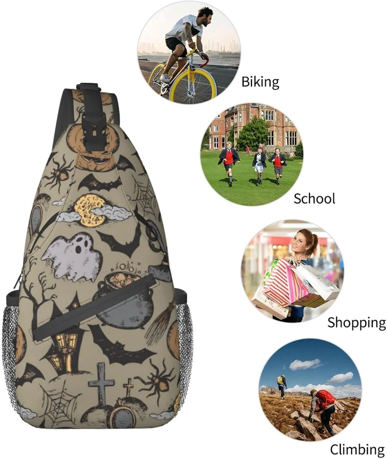 SWEET TANG Men and Women Sling Bag Chest Daypack Happy Halloween Decorations Costumes Pumpkin Skull Shoulder Backpack Crossbody for Hiking Camping Running Large Capacity Anti-Theft Rucksack