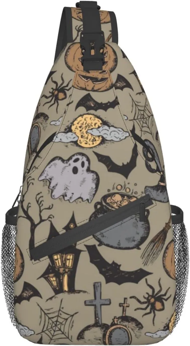 SWEET TANG Men and Women Sling Bag Chest Daypack Happy Halloween Decorations Costumes Pumpkin Skull Shoulder Backpack Crossbody for Hiking Camping Running Large Capacity Anti-Theft Rucksack