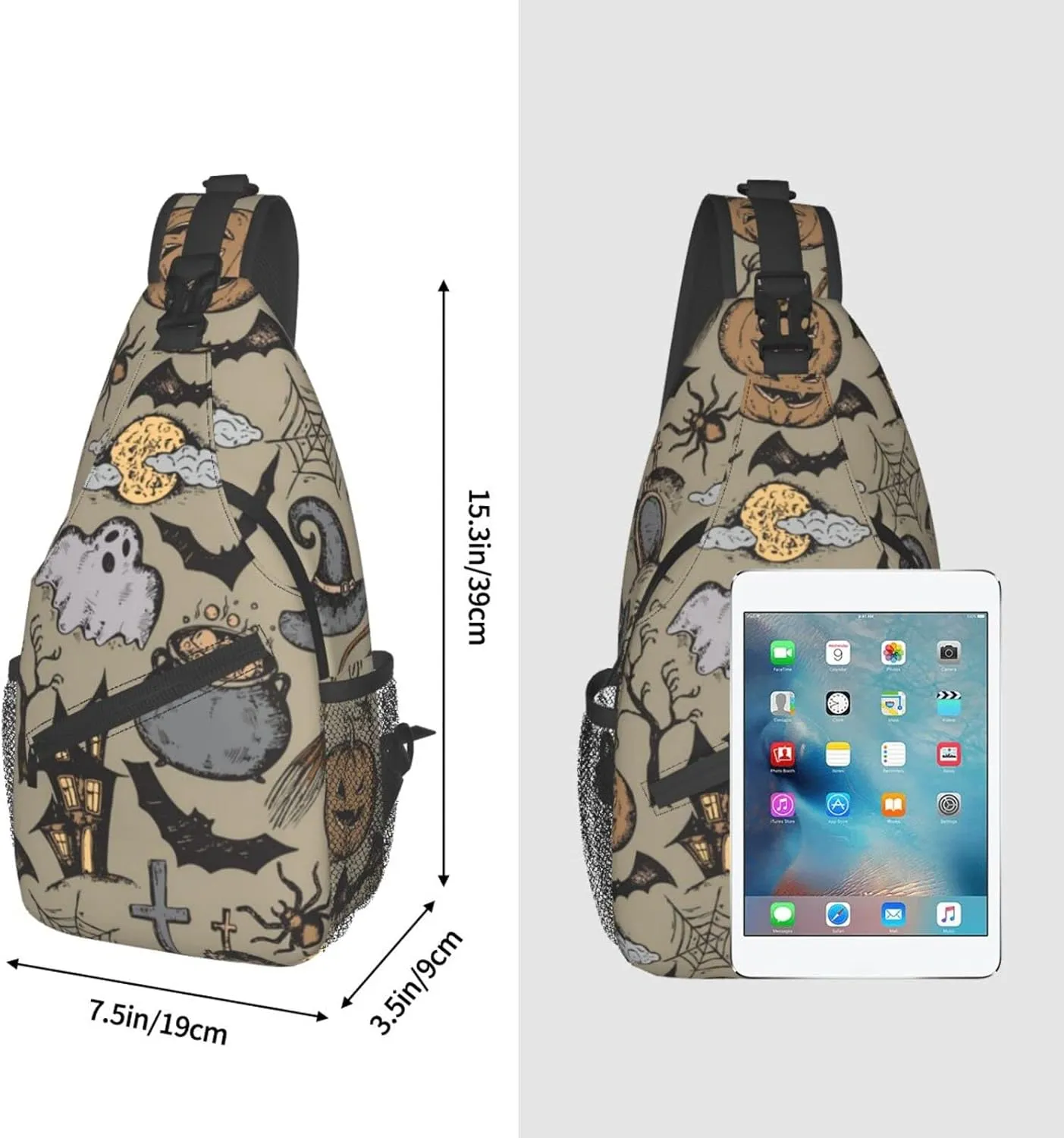 SWEET TANG Men and Women Sling Bag Chest Daypack Happy Halloween Decorations Costumes Pumpkin Skull Shoulder Backpack Crossbody for Hiking Camping Running Large Capacity Anti-Theft Rucksack