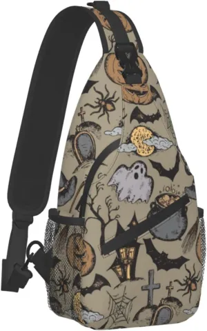 SWEET TANG Men and Women Sling Bag Chest Daypack Happy Halloween Decorations Costumes Pumpkin Skull Shoulder Backpack Crossbody for Hiking Camping Running Large Capacity Anti-Theft Rucksack