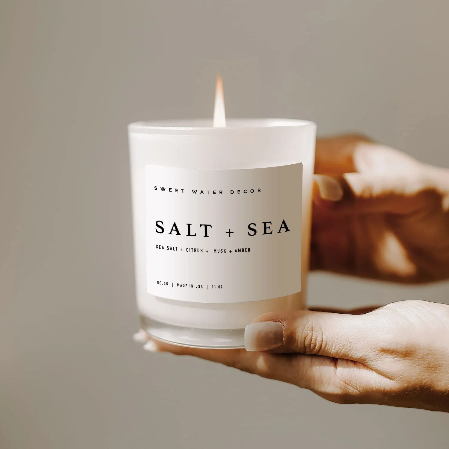 Sweet Water Decor Salt and Sea Candle - Sea Salt, Citrus, Amber, Musk, Beach Scented Soy Candles for Home - 11oz White Glass Jar   Wood Lid, 50  Hour Burn Time, Made in the USA