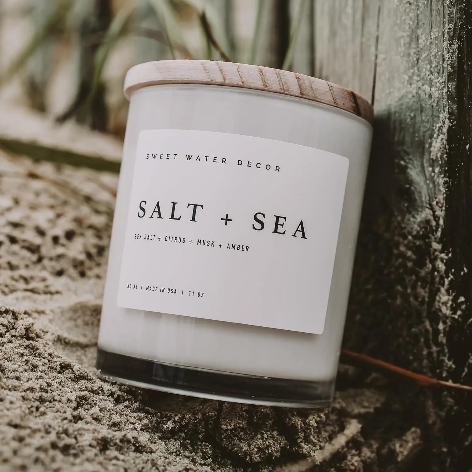 Sweet Water Decor Salt and Sea Candle - Sea Salt, Citrus, Amber, Musk, Beach Scented Soy Candles for Home - 11oz White Glass Jar   Wood Lid, 50  Hour Burn Time, Made in the USA