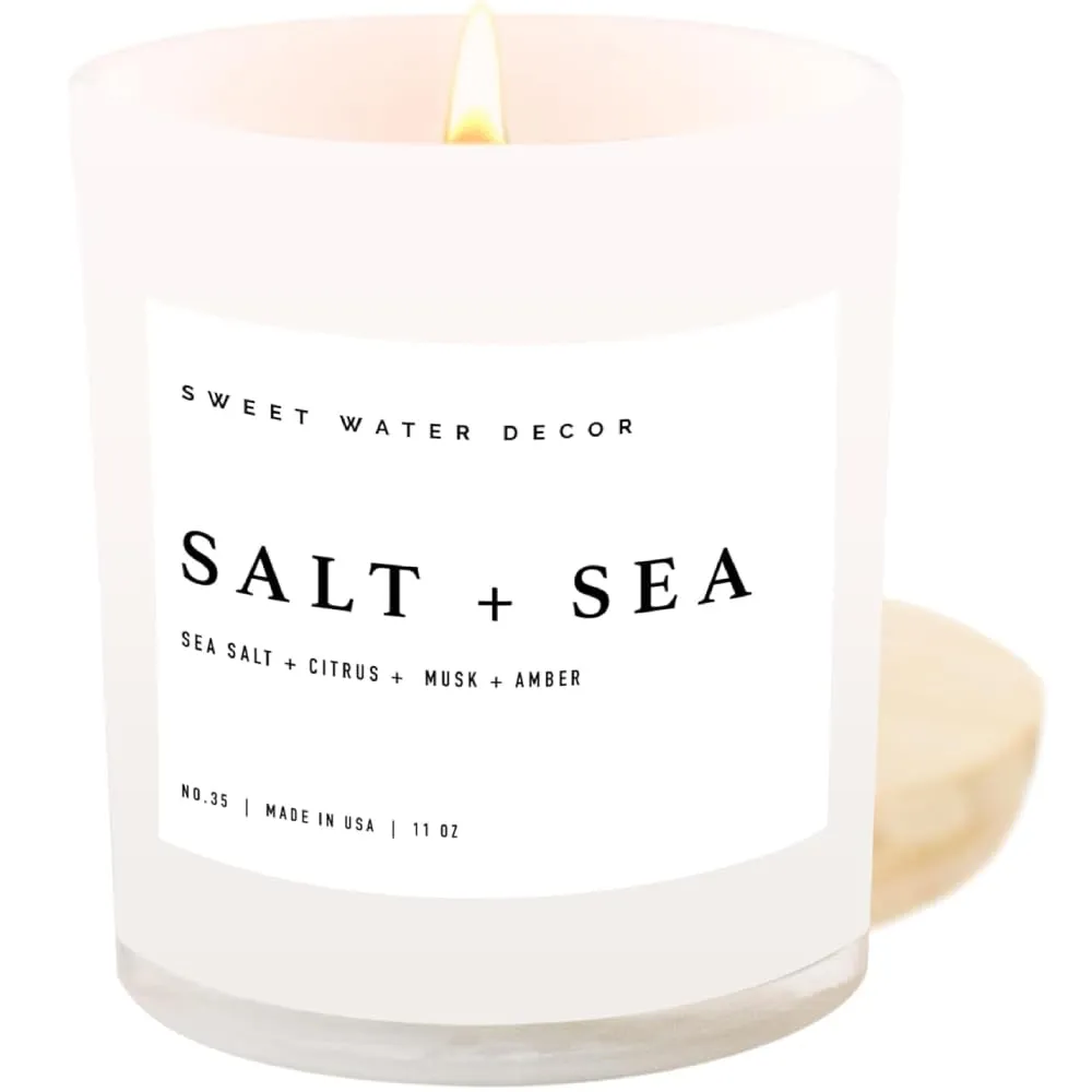 Sweet Water Decor Salt and Sea Candle - Sea Salt, Citrus, Amber, Musk, Beach Scented Soy Candles for Home - 11oz White Glass Jar   Wood Lid, 50  Hour Burn Time, Made in the USA