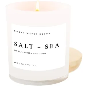 Sweet Water Decor Salt and Sea Candle - Sea Salt, Citrus, Amber, Musk, Beach Scented Soy Candles for Home - 11oz White Glass Jar   Wood Lid, 50  Hour Burn Time, Made in the USA