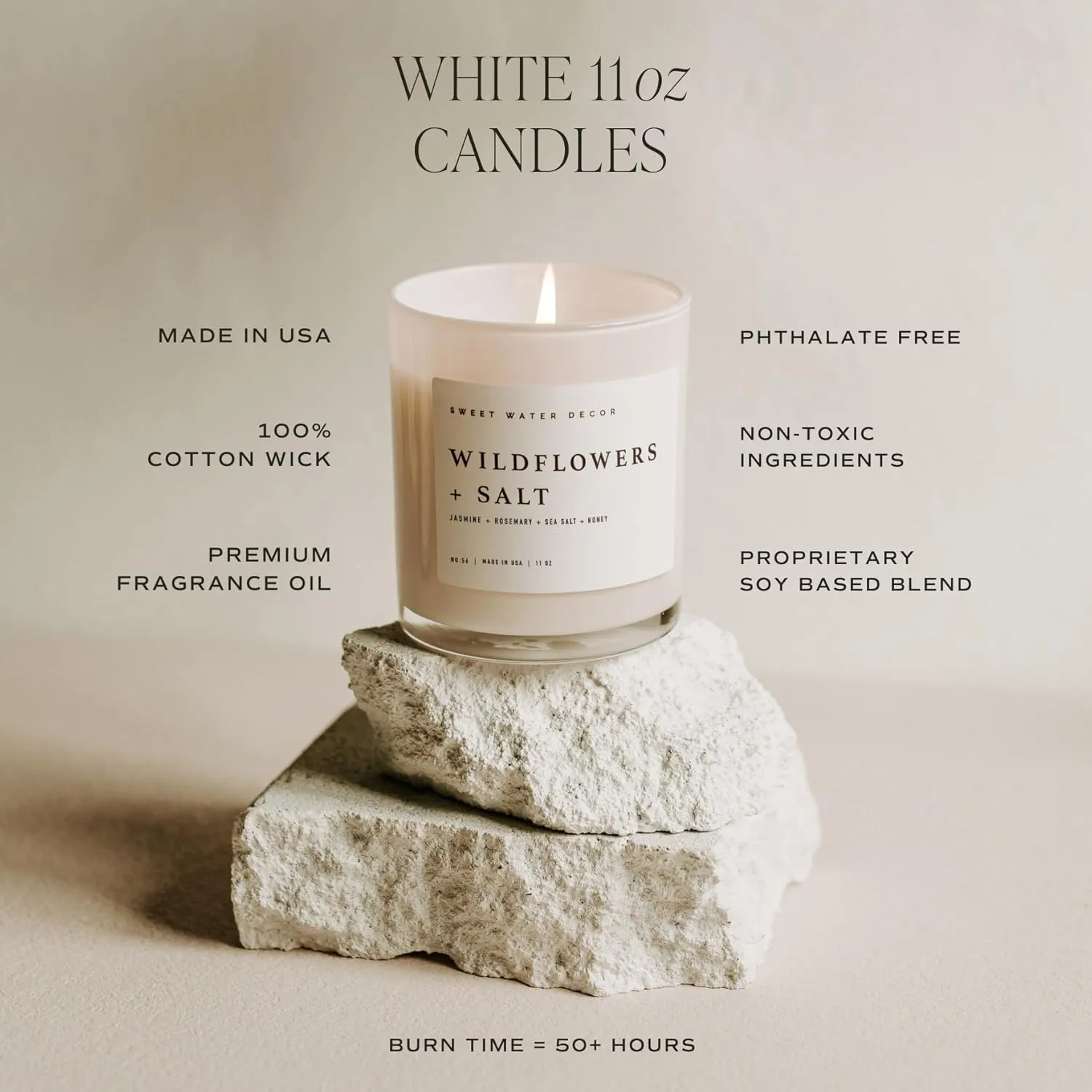 Sweet Water Decor Salt and Sea Candle - Sea Salt, Citrus, Amber, Musk, Beach Scented Soy Candles for Home - 11oz White Glass Jar   Wood Lid, 50  Hour Burn Time, Made in the USA