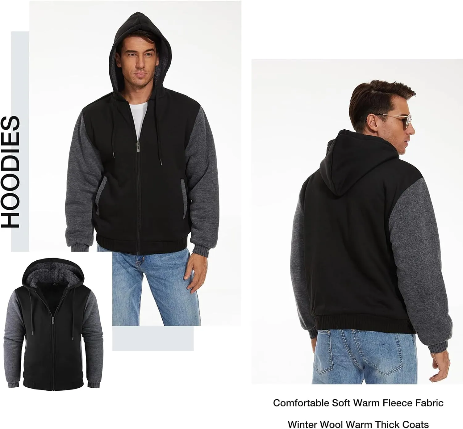 SWISSWELL Men Zip Up Hoodies Sherpa Lined Jacket Heavyweight Fleece Sweatshirt Winter Warm Hooded Coat