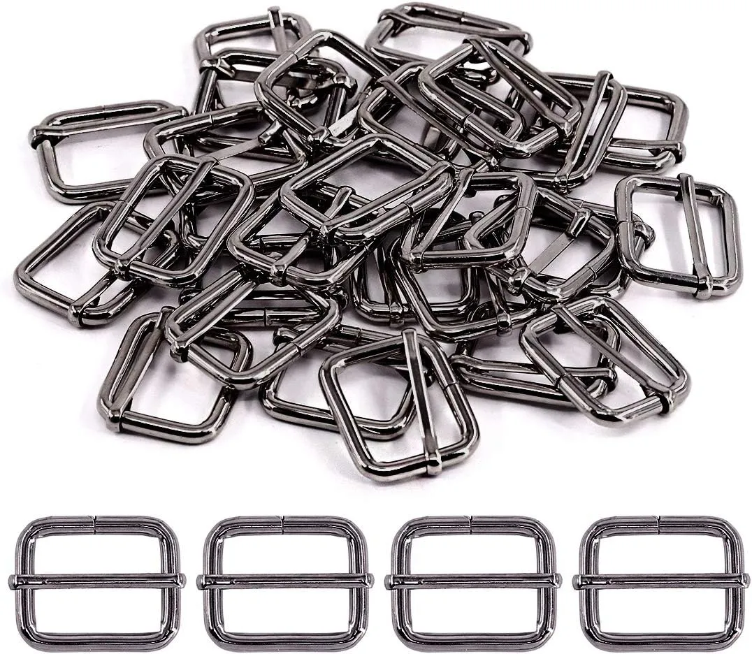 Swpeet 60Pcs 1 Inch / 25mm Gun-Black Heavy Duty Metal Rings Metal Rectangle Adjuster Triglides Slides Buckle, Roller Pin Buckles Slider Strap Adjuster Keychains for Belt Bags DIY Accessories