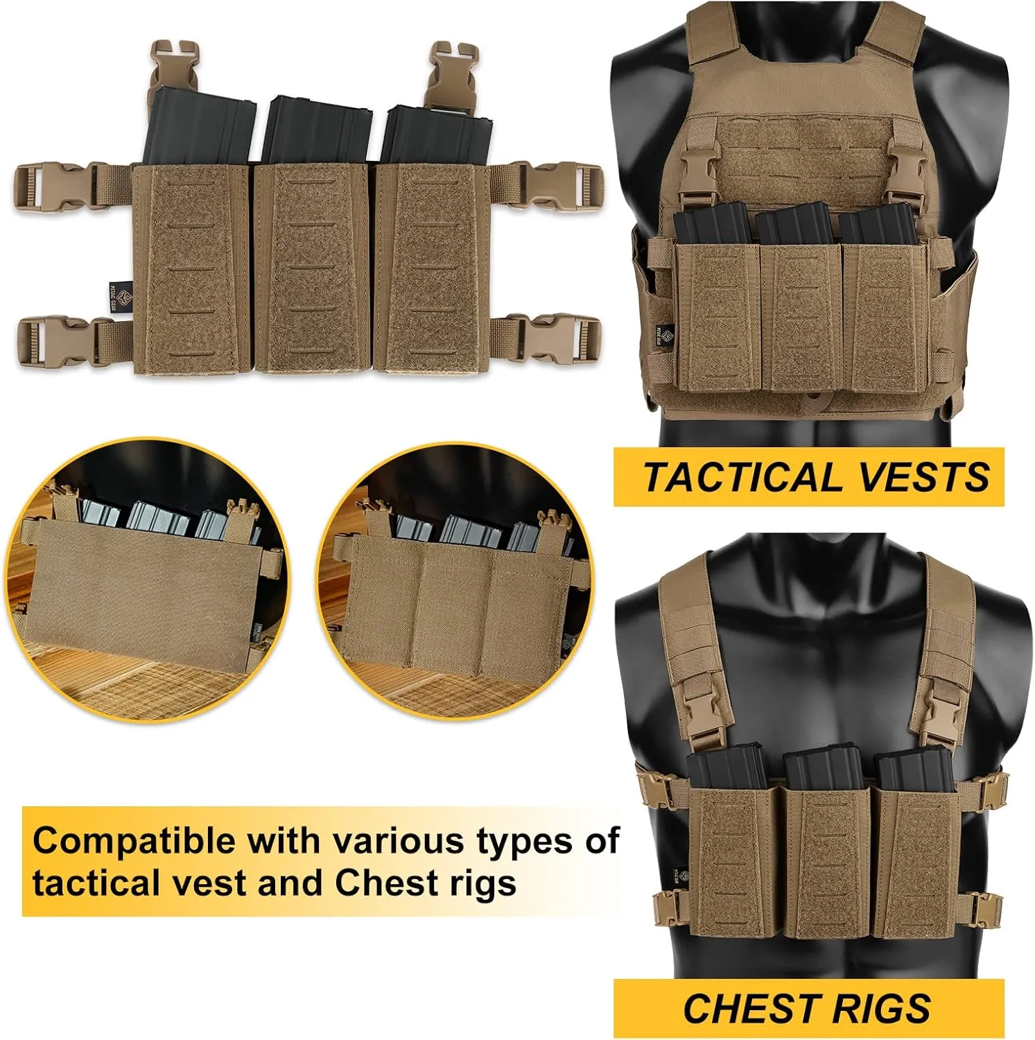 Tactical Triple Mag Pouch,Placard Magazine Panel with Insert Set Clip Holder with Hook Backing and Female QASM Buckles.