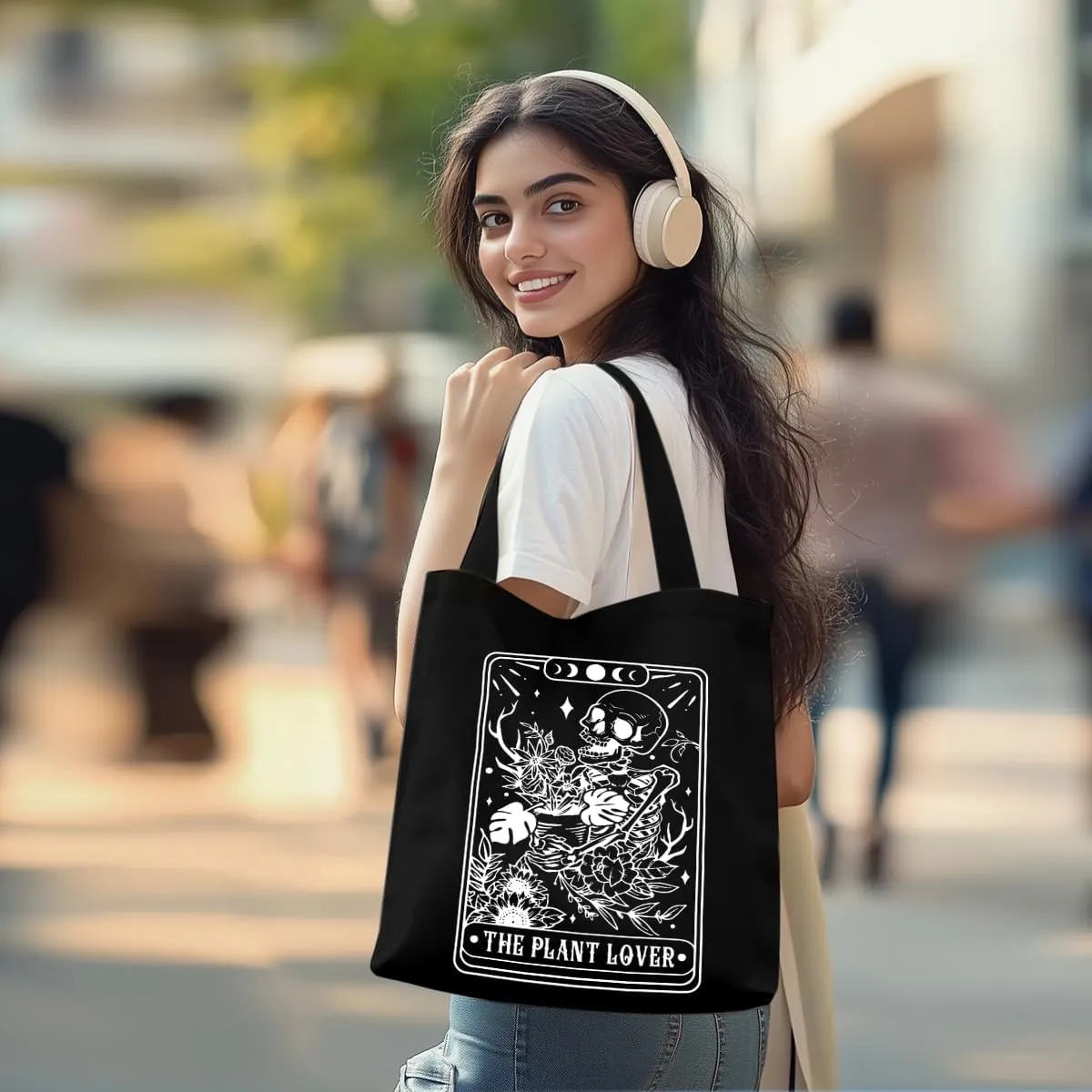 Tarot Gothic Skull Tote Bag - Funny Gifts for Goths, Skeleton Reusable Grocery Bag, Witchy Halloween Weekender Bag