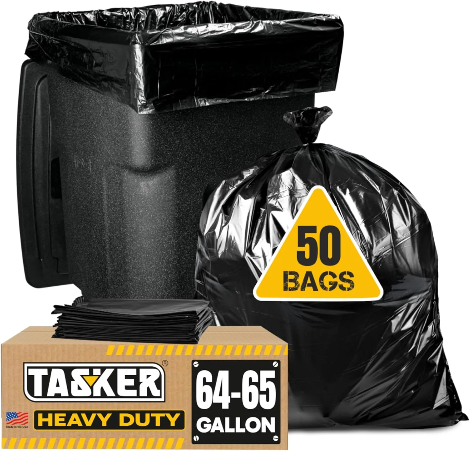 Tasker 64-65 Gallon Trash Bags for Toter, (Huge 50/Count w/Ties) 60 Gallon Trash Bags, xl Large Garbage Bag 64-65 Gallon Extra Large Leaf Bags, Commercial Garbage Bag
