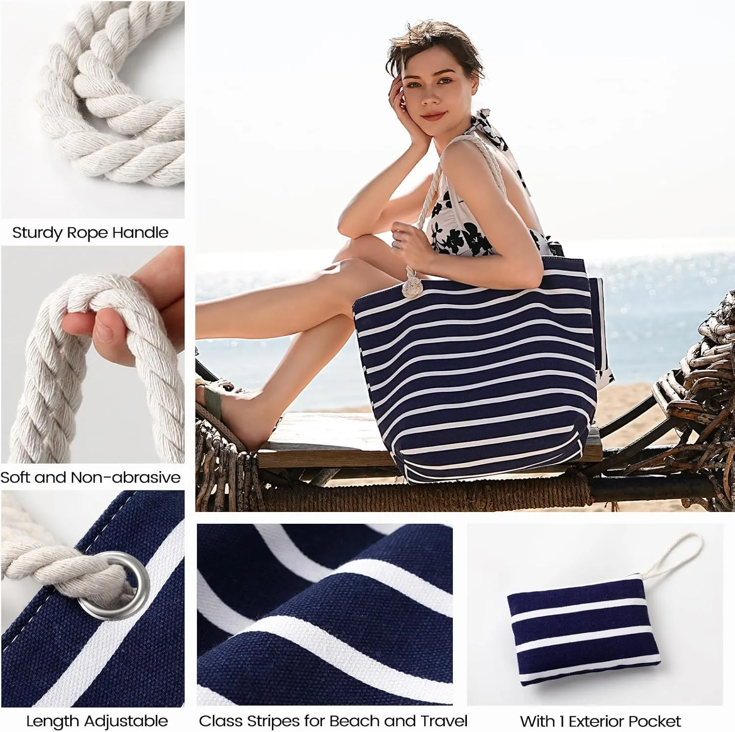 Tavaleu Beach Bags for Women - Large Beach Bag with Zipper Waterproof Sandproof, Swim Pool Tote Bag Vacation