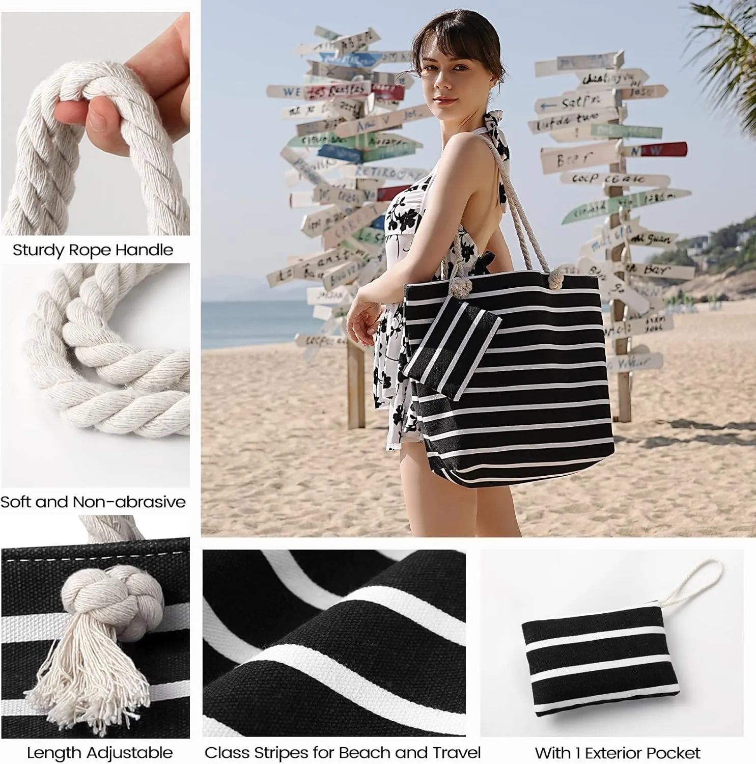 Tavaleu Beach Bags for Women - Large Beach Bag with Zipper Waterproof Sandproof, Swim Pool Tote Bag Vacation