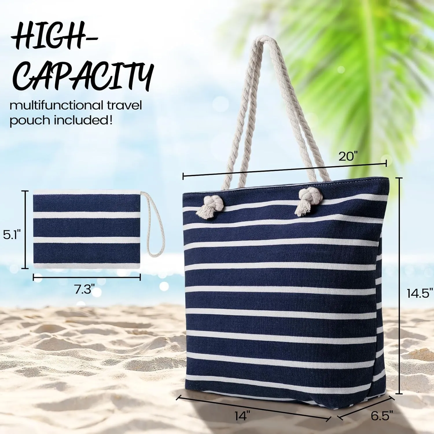 Tavaleu Beach Bags for Women - Large Beach Bag with Zipper Waterproof Sandproof, Swim Pool Tote Bag Vacation