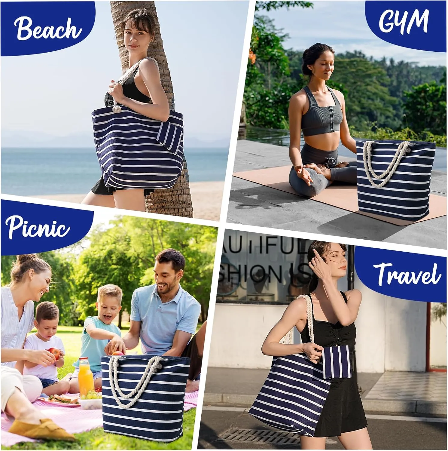 Tavaleu Beach Bags for Women - Large Beach Bag with Zipper Waterproof Sandproof, Swim Pool Tote Bag Vacation