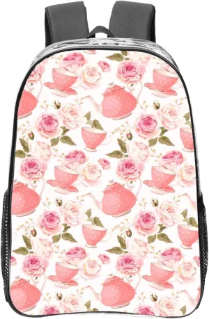 Tea Cups with Roses Romantic Shabby Print Large Clear PVC Backpack Men Women Suitable Bag Stadium Event Outdoor Sport Travel