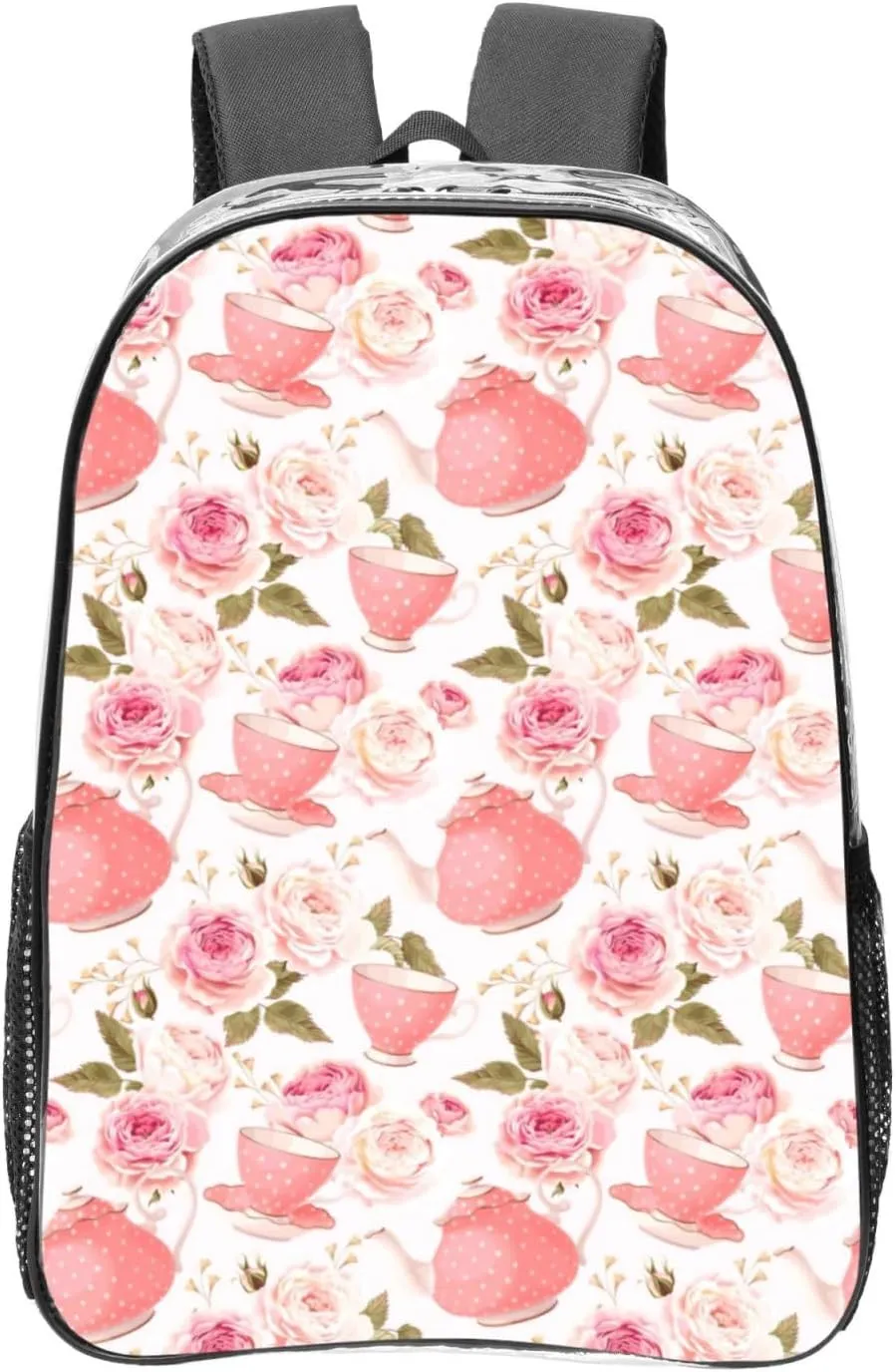 Tea Cups with Roses Romantic Shabby Print Large Clear PVC Backpack Men Women Suitable Bag Stadium Event Outdoor Sport Travel